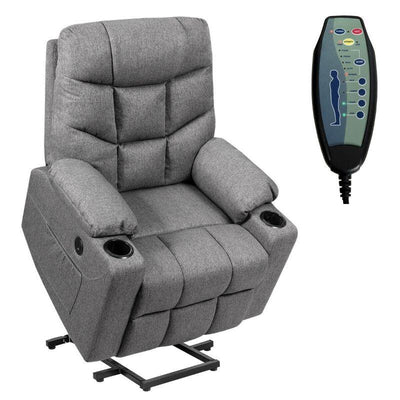 Electric Power Lift Fabric Recliner Massage Chair  2 Cup Holders - Gray