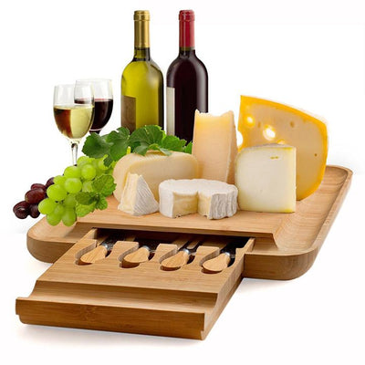 Bamboo Cheese Board and Cutlery Set with Slide Out Drawer