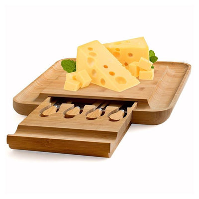 Bamboo Cheese Board and Cutlery Set with Slide Out Drawer