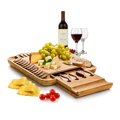 Bamboo Cheese Board and Cutlery Set with Slide Out Drawer