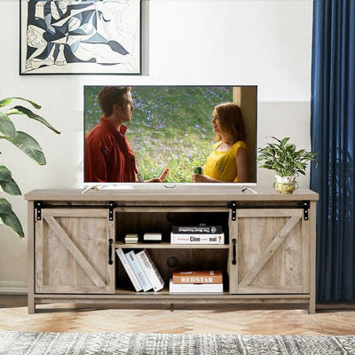 Grey TV Stand with Cabinet Sliding Barn Door