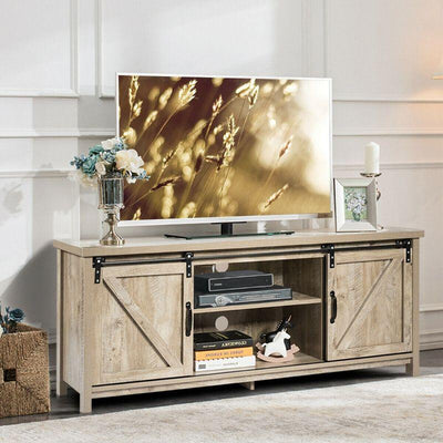 Grey TV Stand with Cabinet Sliding Barn Door