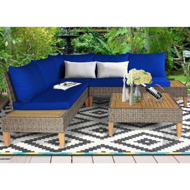 Patio Rattan Furniture Set With Wooden Side Table- 4 Pieces