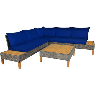 Patio Rattan Furniture Set With Wooden Side Table- 4 Pieces